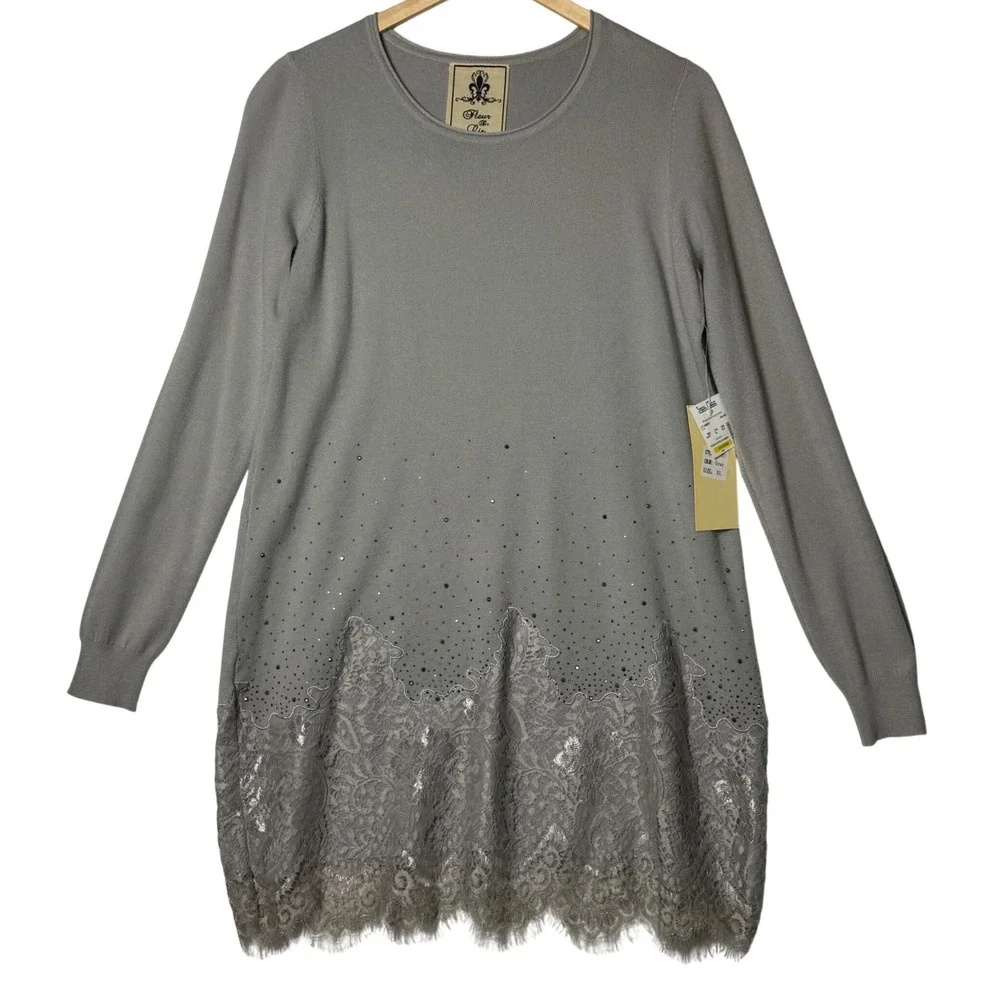 Fleur De Lis Womens‎ XL Gray Embellished Lace Hem Sweater Tunic Dressy Chic